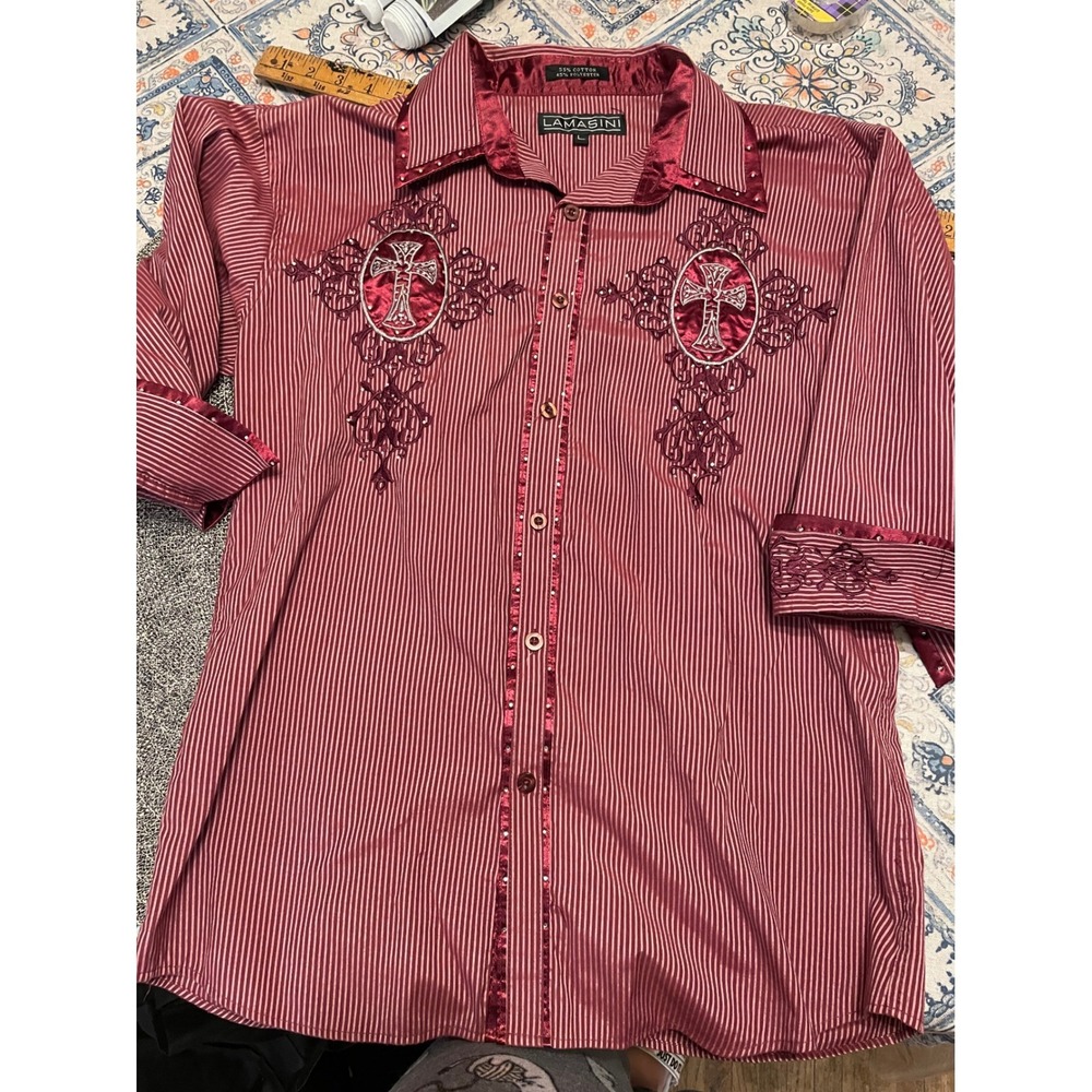 Lamasini Mens Burgundy Striped Western Shirt Cross Embroidery Rhinestone Large